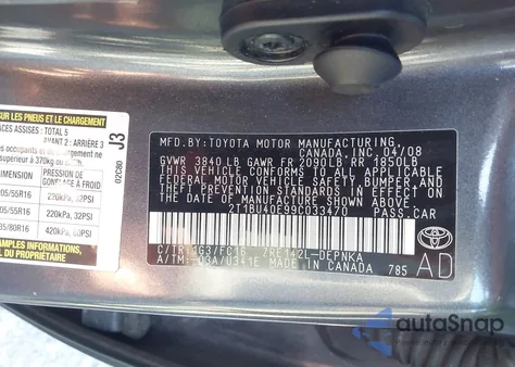 2009 Toyota Corolla Xle из США, поврежденный, VIN 2T1BU40E99C033470